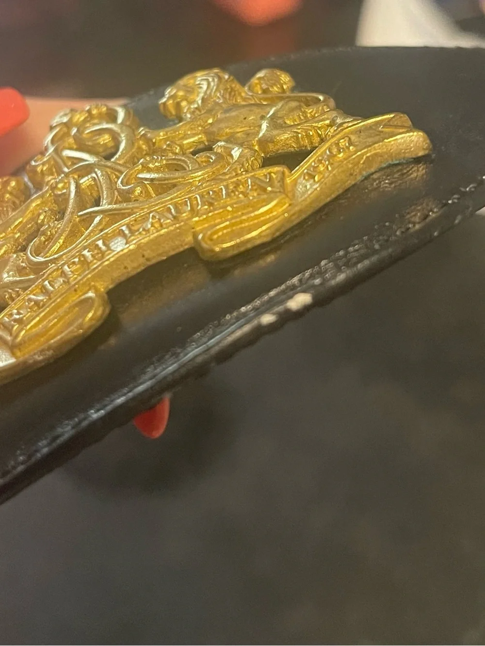 Ralph Lauren Blk Leather Belt with Gold Crest Emblem made in Italy size 30 RARE